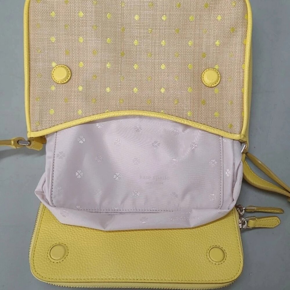 Kate Spade NY Yellow Leather 'Run Around Raffia' Dot Large Flap Crossbody Bag - Picture 4 of 17